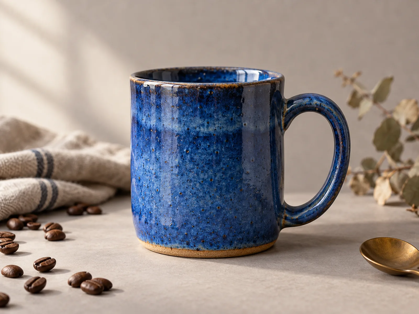 Blue mug on a grey studio backdrop